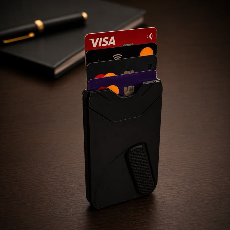 Carteira Slim Porta Cartões Minimalista com acionamento e Porta Dinheiro