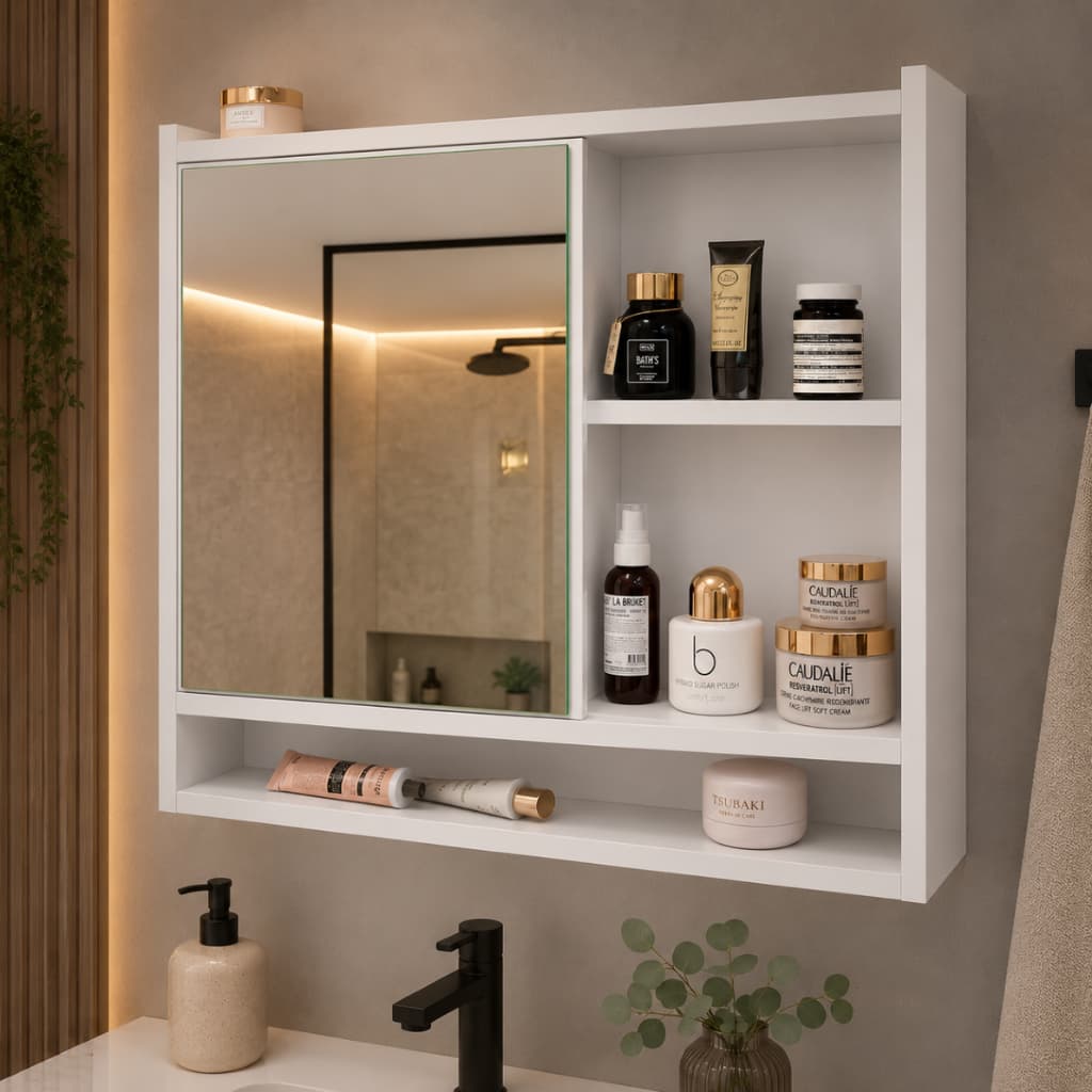 Armário Aqua Suspenso com Espelho para Banheiro Aéreo 1 Porta Branca Preto Cinza Off White Fendi