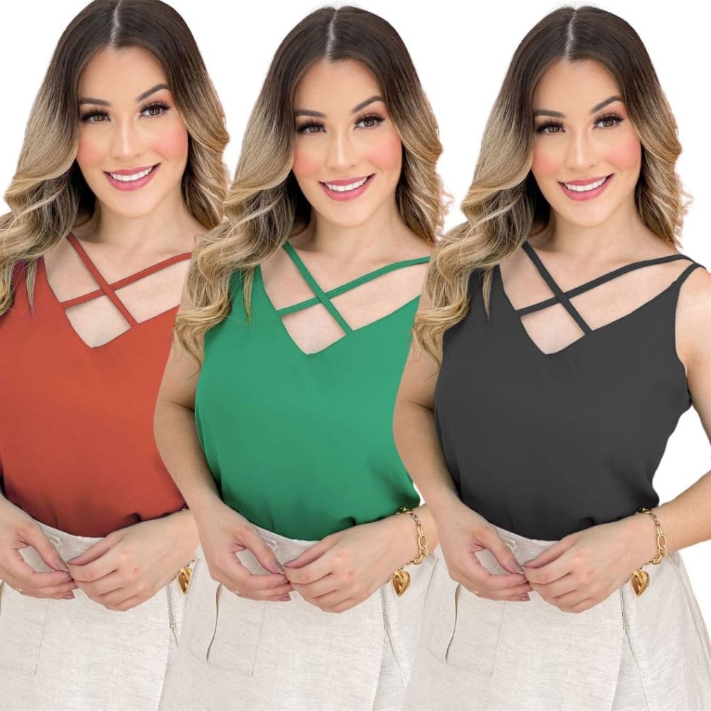 Blusa Feminina Regata  C/ Alcinha Decote Em V - Tecido Duna
