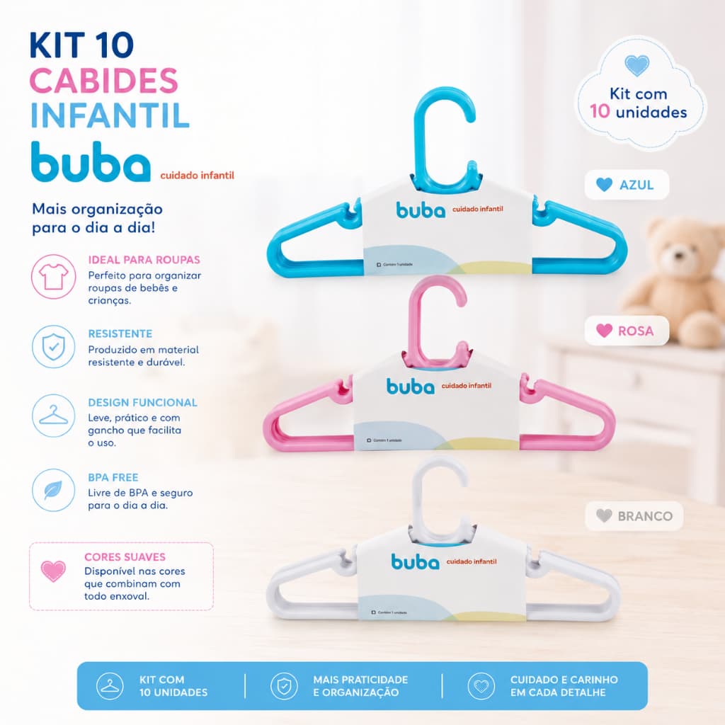 Cabide Infantil 10 Unidades Variados - Buba