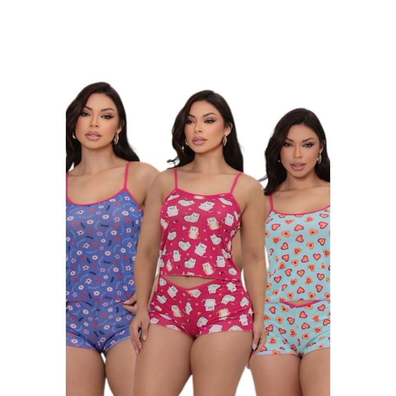 Pijama Feminino Shorts Doll Estampado Confortável Alcinha Romântic Estampas Variadas