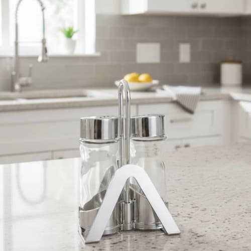 Jogo Galheteiro com Saleiro, Pimenteiro e Porta-Guardanapo em Aço Inox