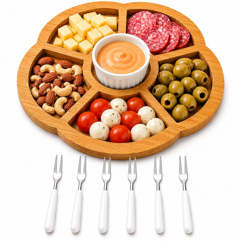 Kit Petisqueira com 6 Garfinhos Ramekin Molheira e Tábua de Madeira para Aperitivos frios queijos MDf bambo