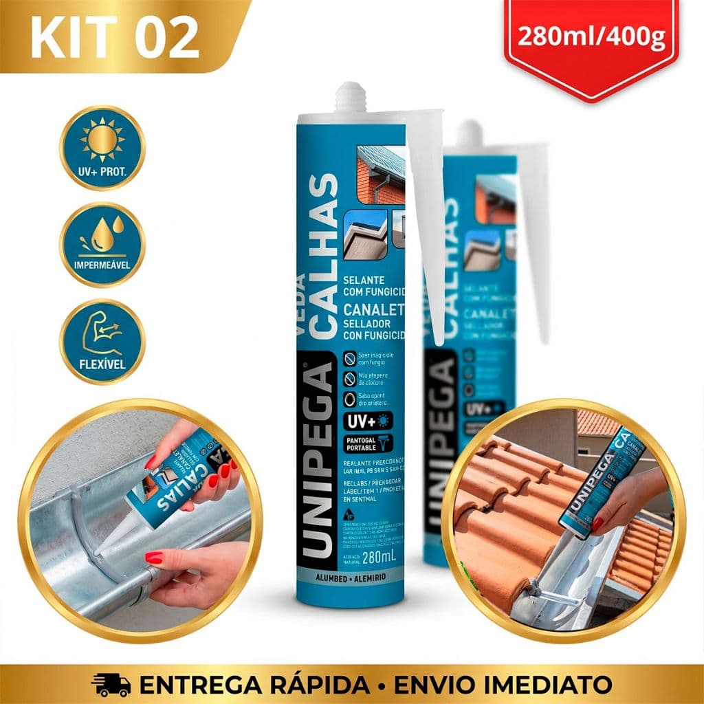 Kit Jogo 2 Colas Selante Veda Calha Adesivo Rufo Canaleta 280ml Unipega Fungicida Pingadeira Telha