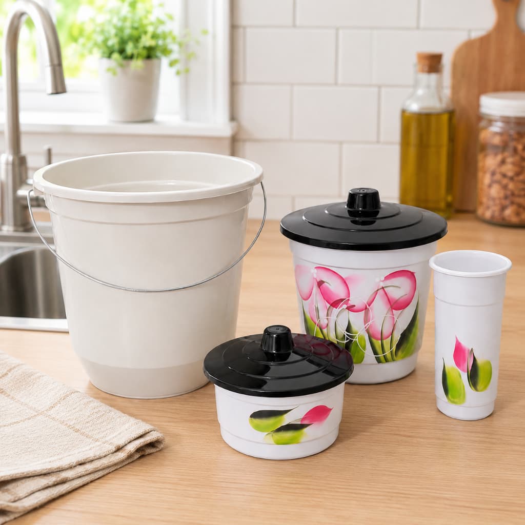 Kit Jogo De Cozinha 4 Peças Branco Balde 7,5L Lixeira Porta Detergente Porta Sabão