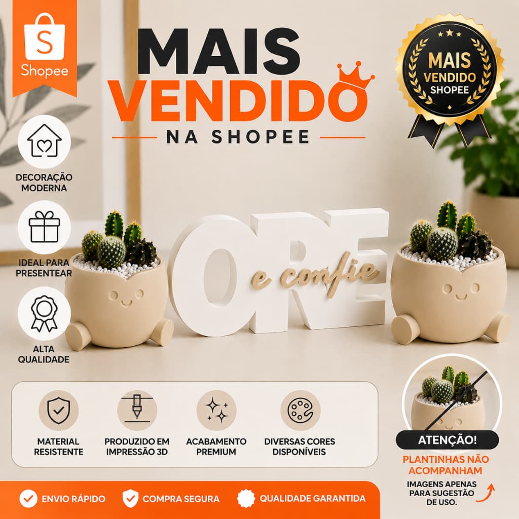 Kit Decoração ORE e Confie + 2 Vasos Decorativos Modernos | Impressão 3D