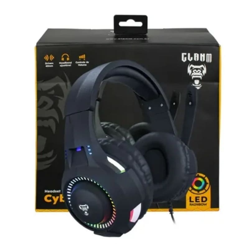 FONE headset gamer preto da marca Clanm, modelo Cyber, com iluminação LED rainbow e microfone integrado