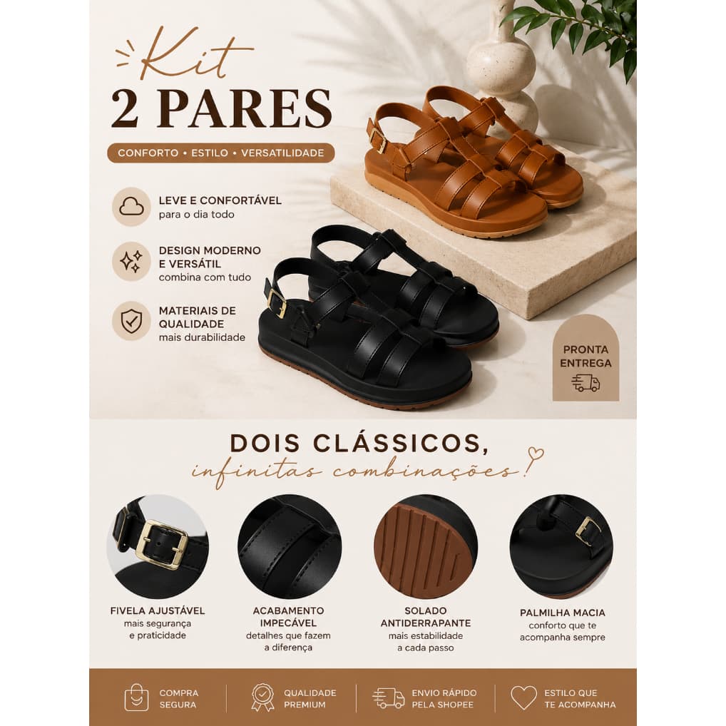 Kit 2 Pares Sandália Papete Feminina Plataforma Estilosa Confortável Tendência 2026 Casual Dia a Dia