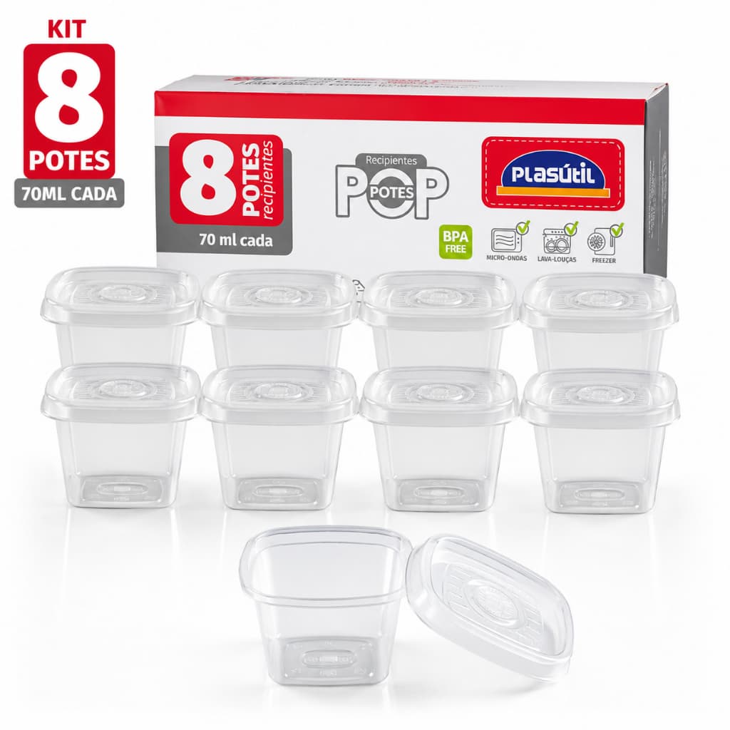 Plasutil Kit 8 Potes 70ml cada Transparentes Tampa Firme Freezer Microondas