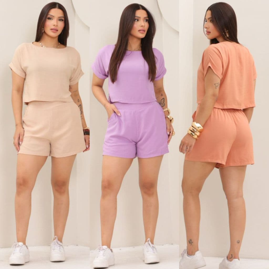 Conjunto Feminino Alfaiataria Shorts e Blusa Elegante Casual Confortavel Cropped Shorts Cintura Alta Premium