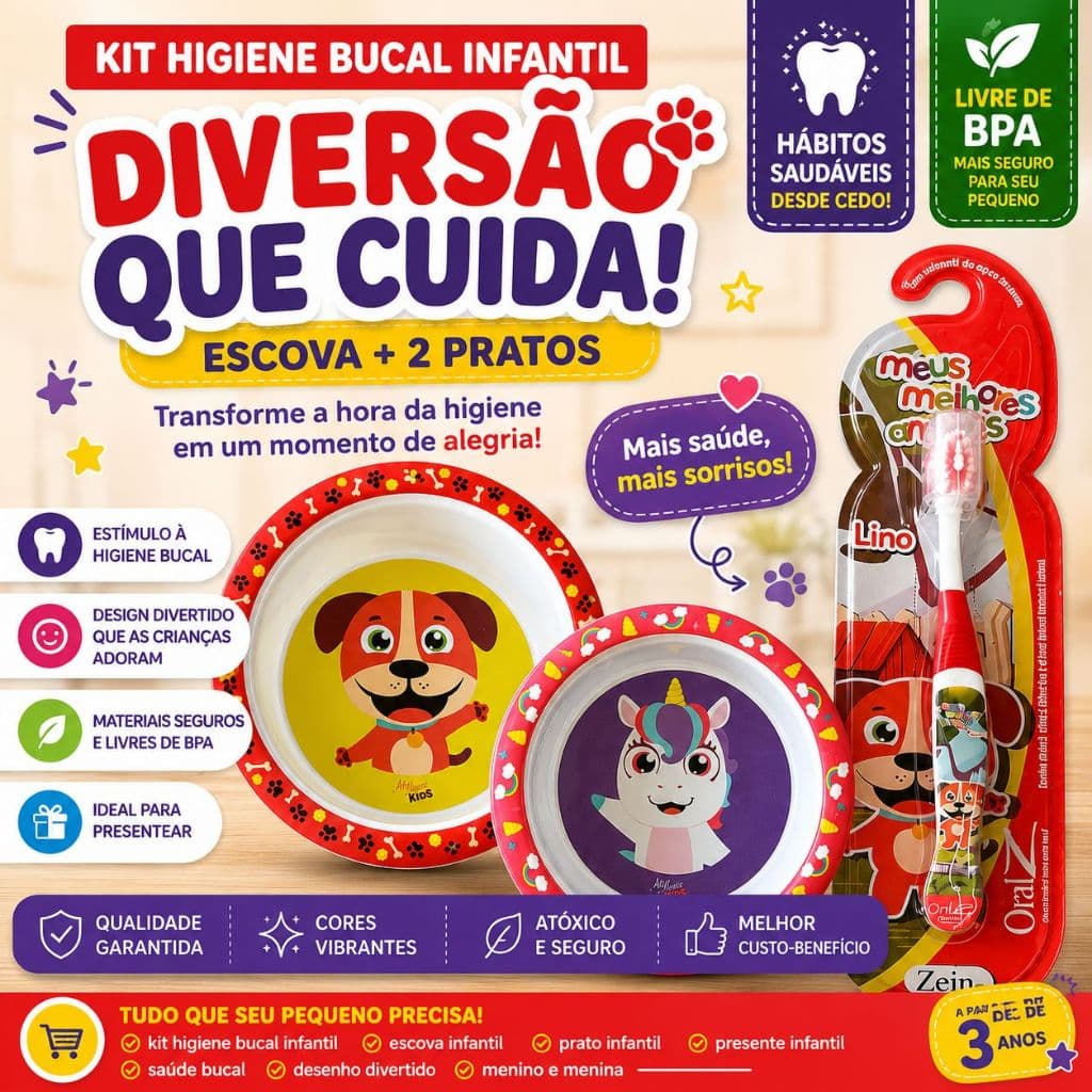 Prato Tigela de Refeição Infantil Unicórnio + Escova Dental BPA Free, Kit Alimentação Criança e Bebê, Prato Fundo