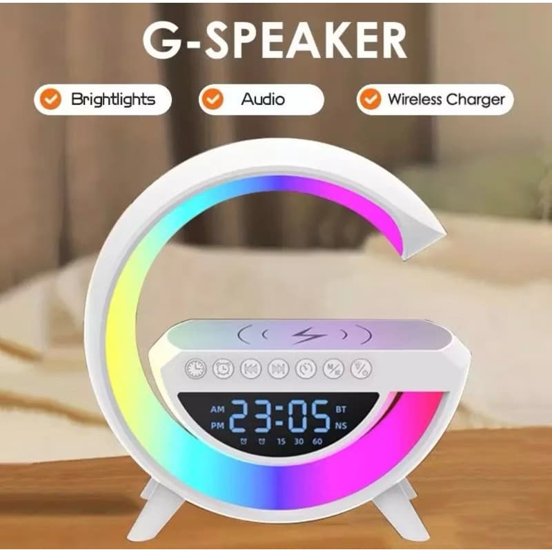 Luminária com Caixa de Som Bluetooth, Iluminação RGB e Carregamento por Indução
