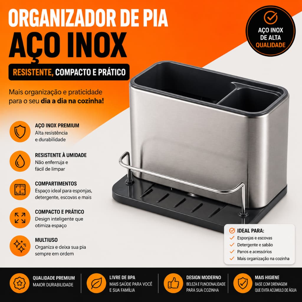 Organizador Pia Cozinha Aço Inox Resistente Compacto Prático Multiuso