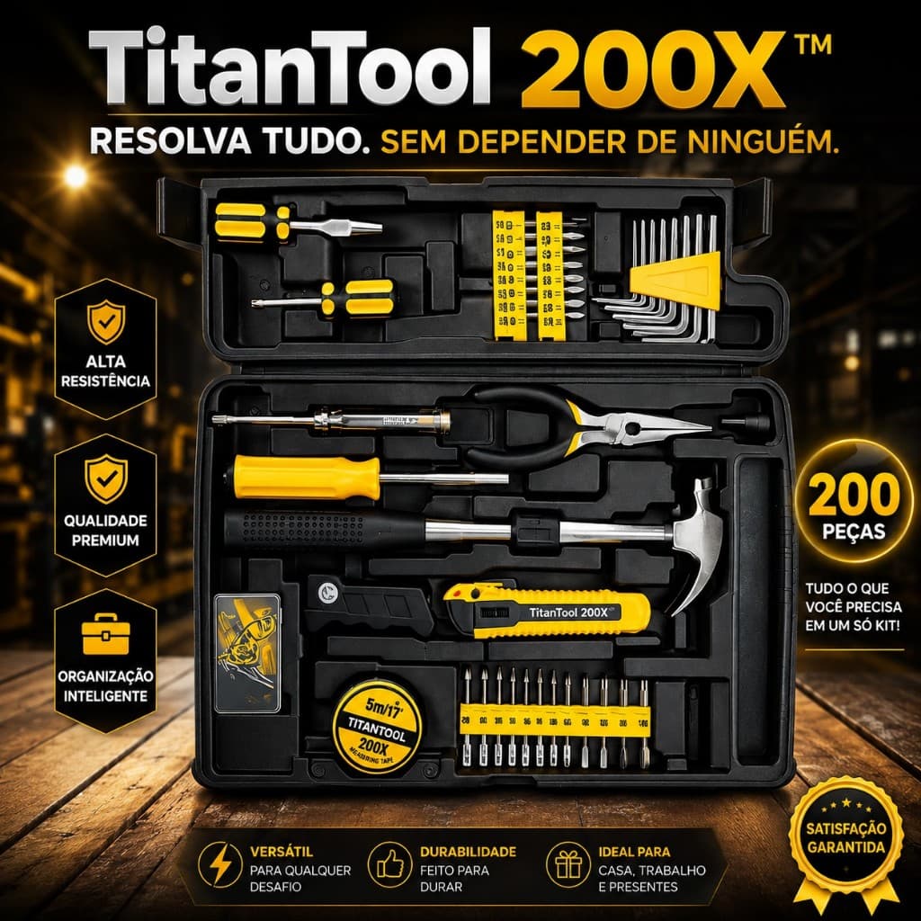 Kit Ferramentas Profissional 200 Peças TitanTool 200X™ com Maleta Organizadora Aço Reforçado Reparos Casa e Construção