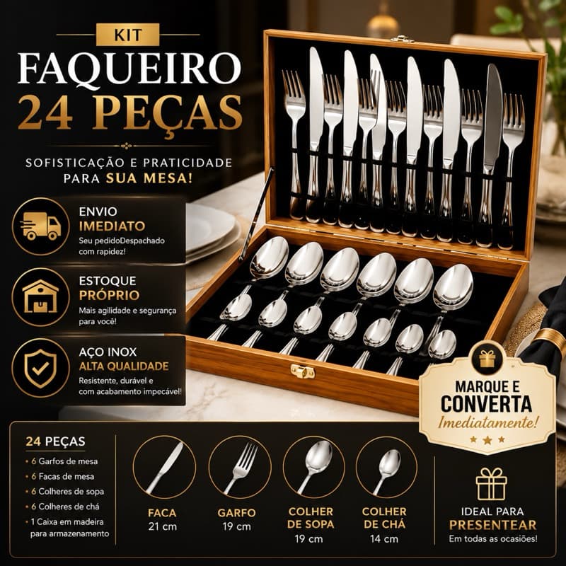 Kit de Talheres Faqueiro 24 Peças Luxo – Garfo Faca Colher Aço Inox com Caixa de Madeira