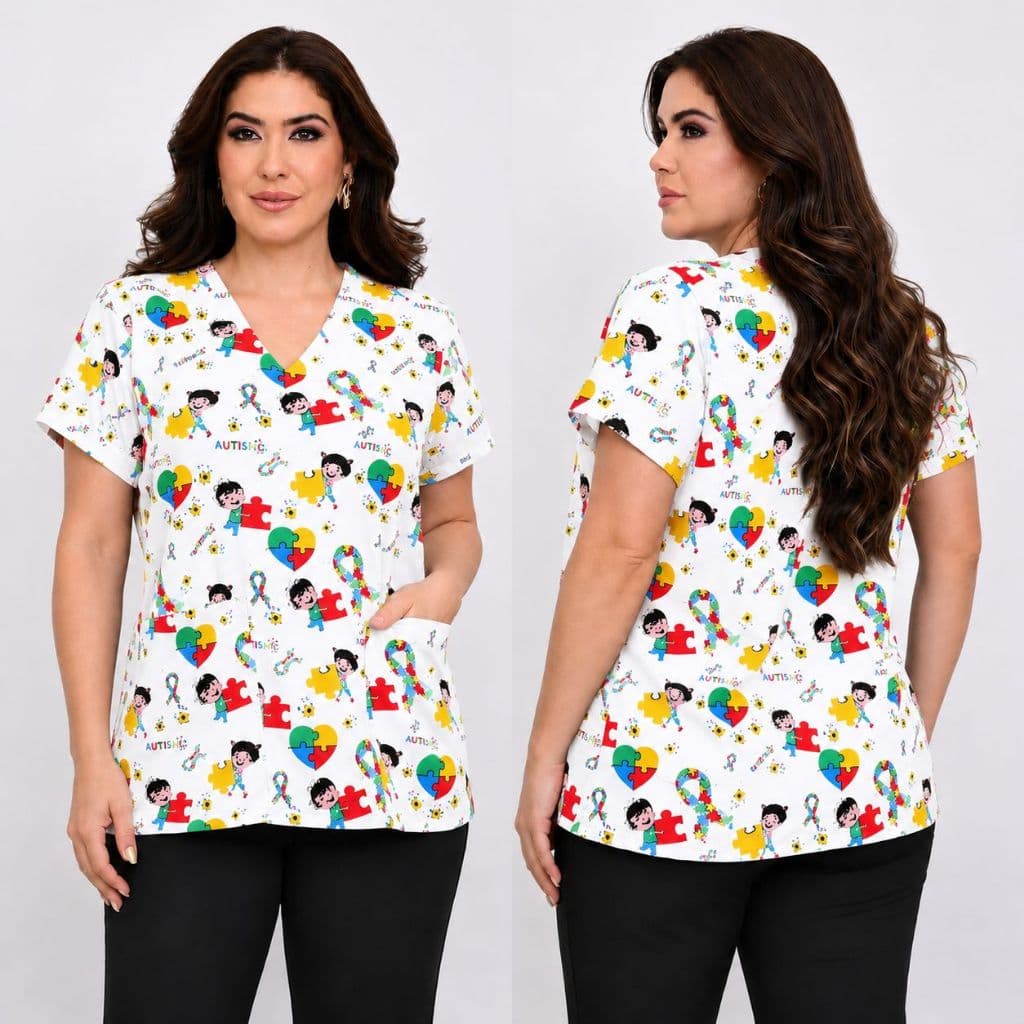 Blusa Bata Scrubs Pijama Cirùrgico Feminina Estampada Autismo