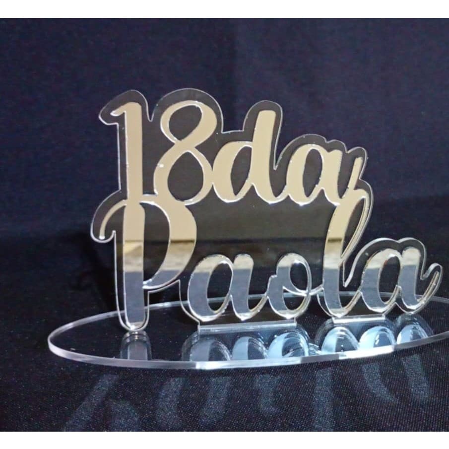 Topo de Bolo com base de apoio em Acrílico Espelhado Personalizado para Aniversário topper festa nome + idade