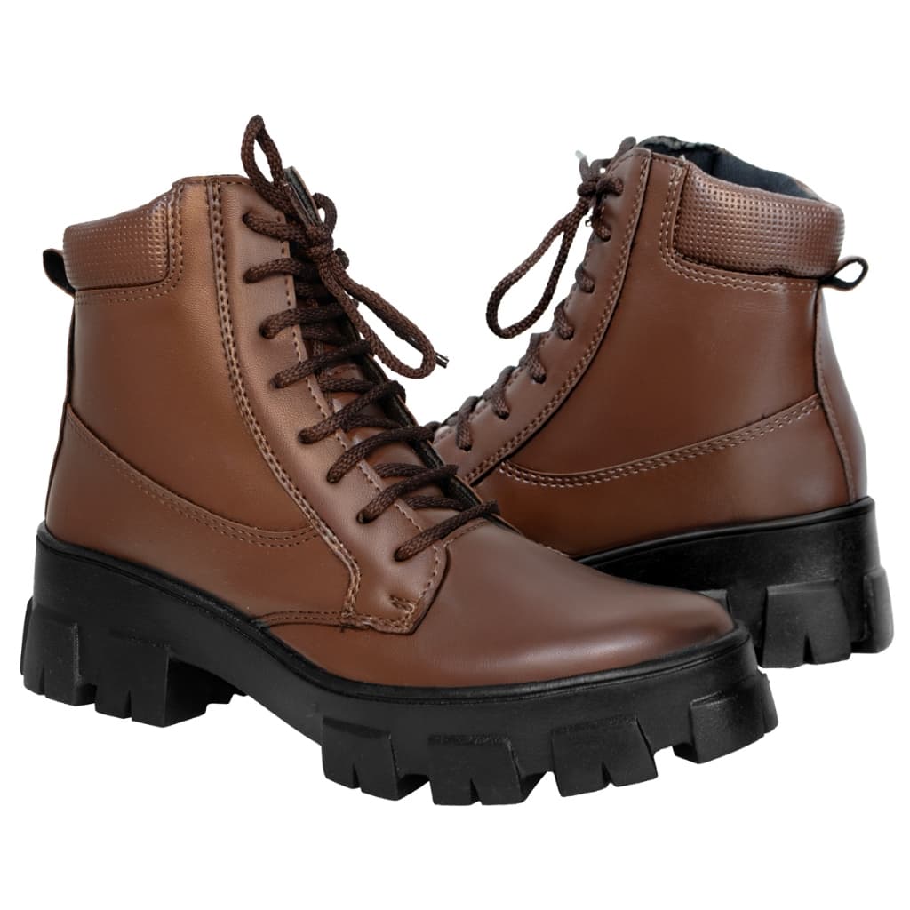 Bota Coturno Com Cadarço Tratorada Feminino - Cores Preto e Capuccino - Estilo E Conforto