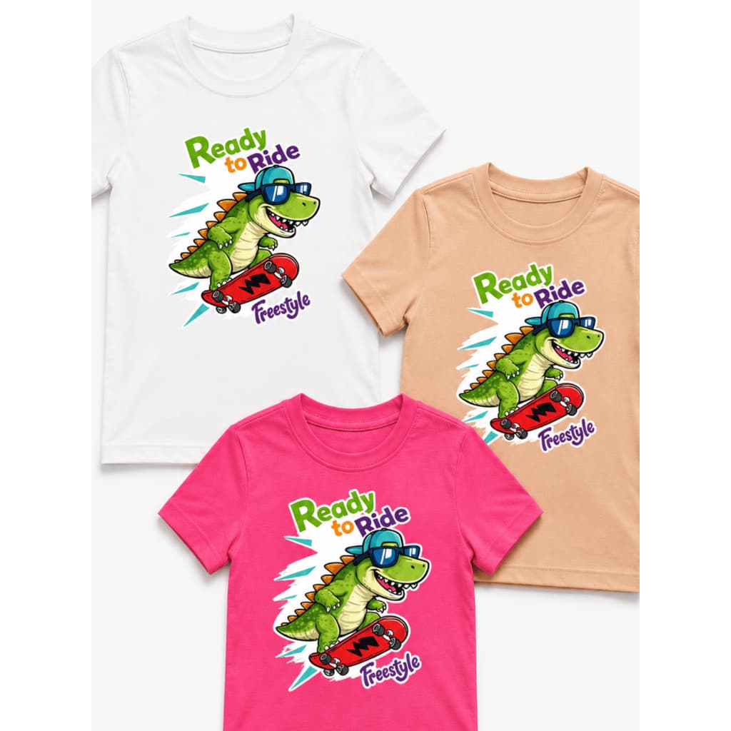 Camiseta infantil Dinossauro Skate Desenho menino 100% Algodão Manga Curta Cores