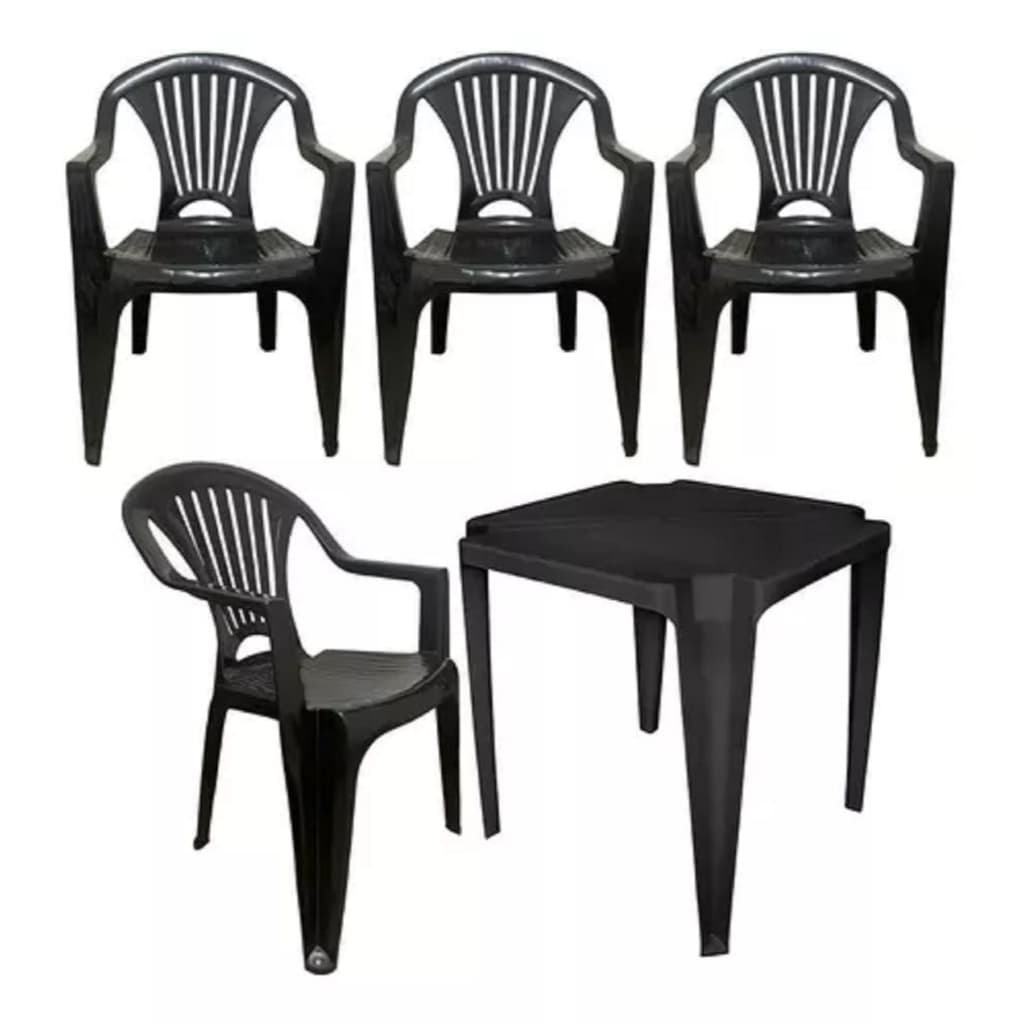 Kit 1 Mesa Quadrada Monobloco Com 4 Cadeiras Poltronas Preto
