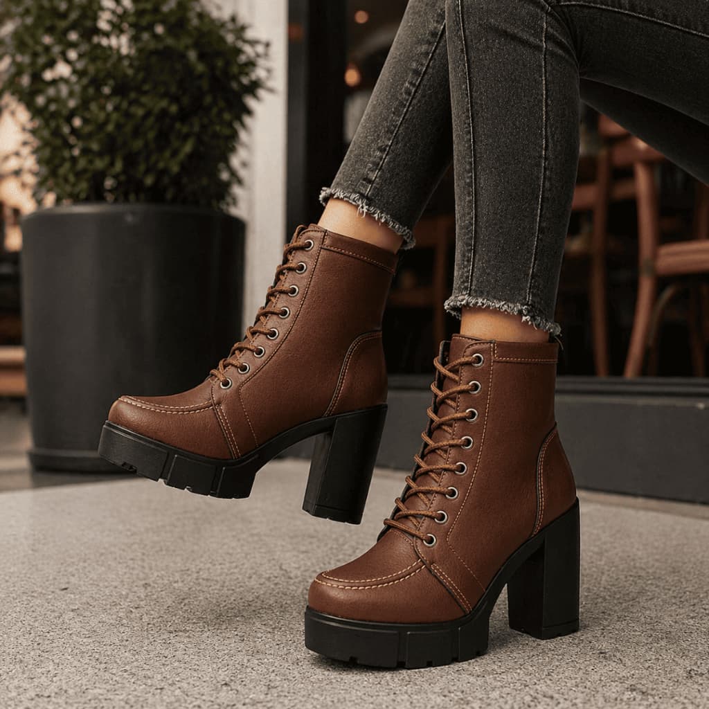 Bota Feminina Coturno Tratorada Salto Alto Confortável