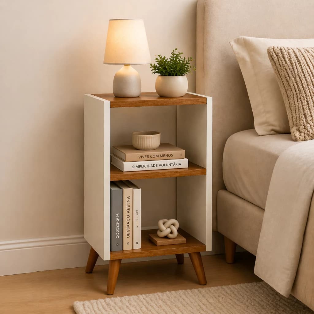 Mesa Cabeceira Lateral  Slim Pequena Retrô Nichos Pés Palito Quarto Sala Multiuso