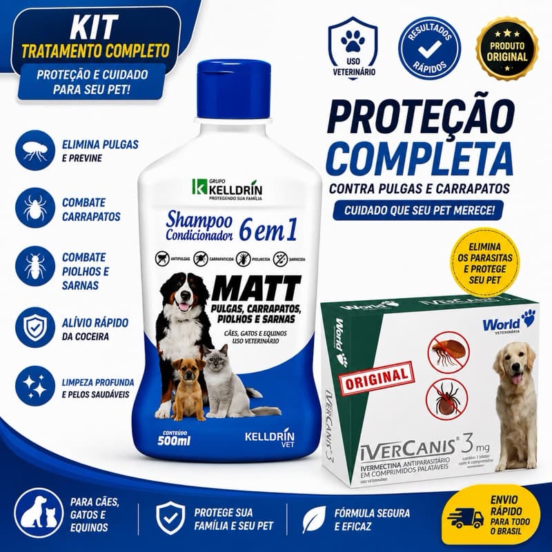 Kit Shampoo 6 em 1 Matt + Remedio Ivercanis 3mg Adeus Pulgas Carrapatos e Sarnas