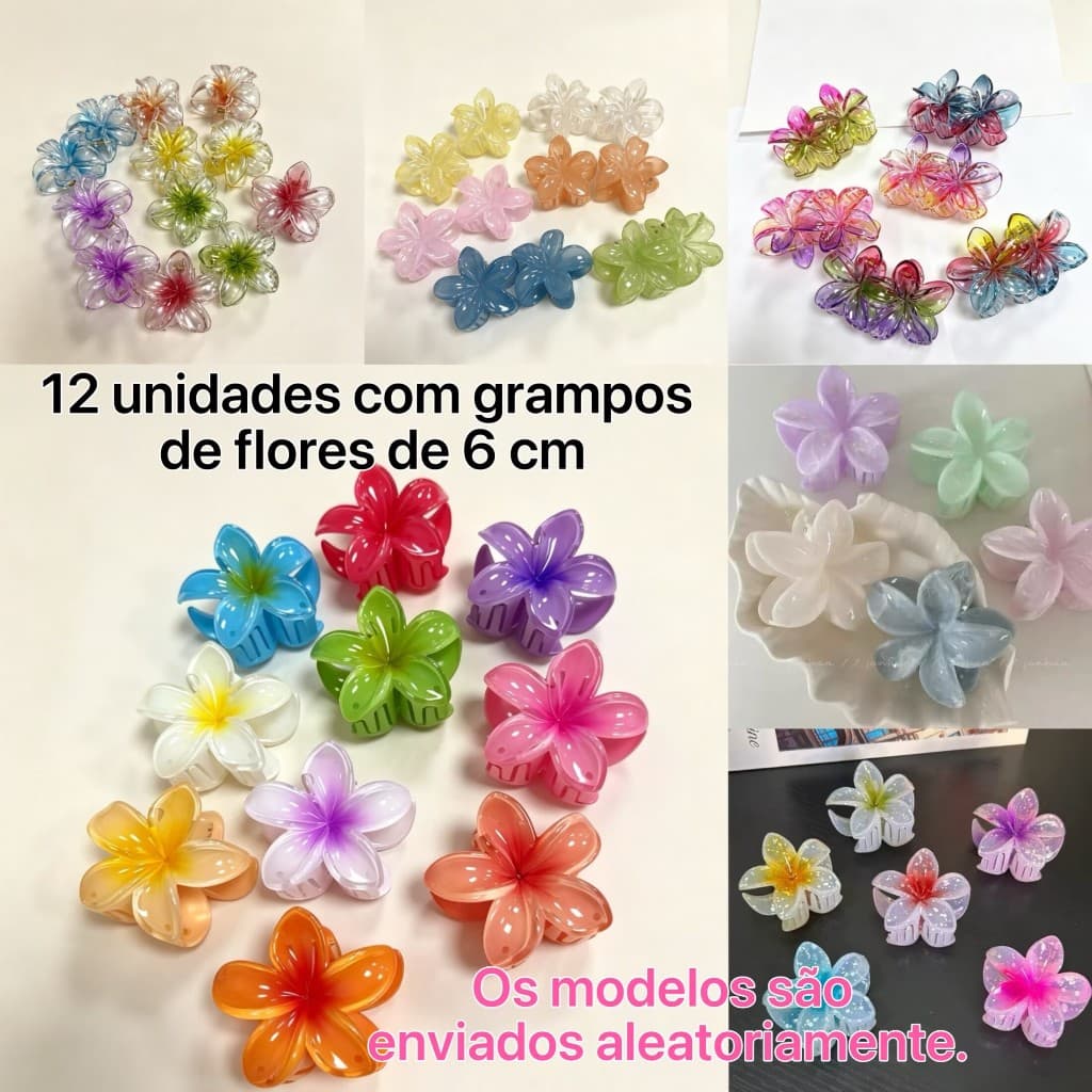 Kit 12 Grampos de Cabelo Flor 6cm - Cores Sortidas - Perfeito Praia, Viagem e Dia a Dia
