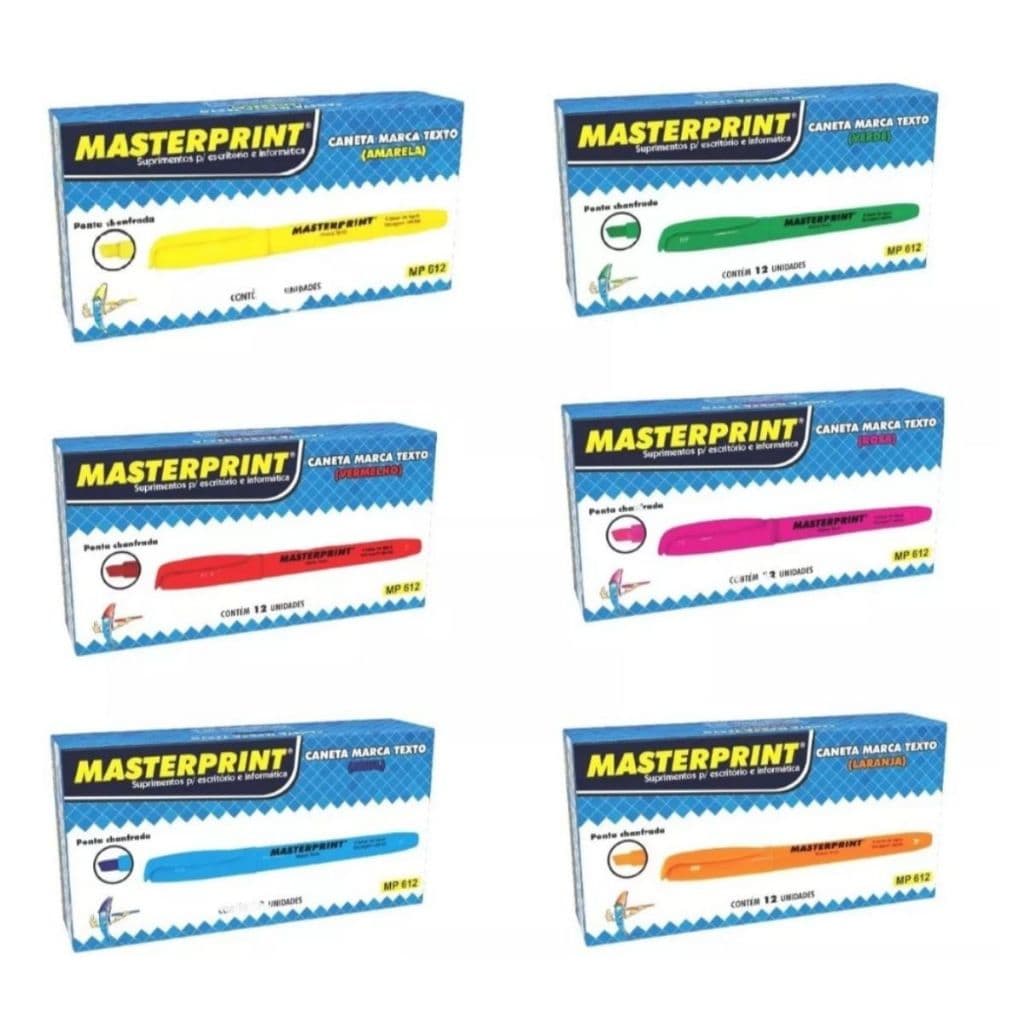 Canetas Marca Texto Masterprint 6 Cores Neon Rosa - Vermelho - Amarelo - Verde - Laranja - Azul