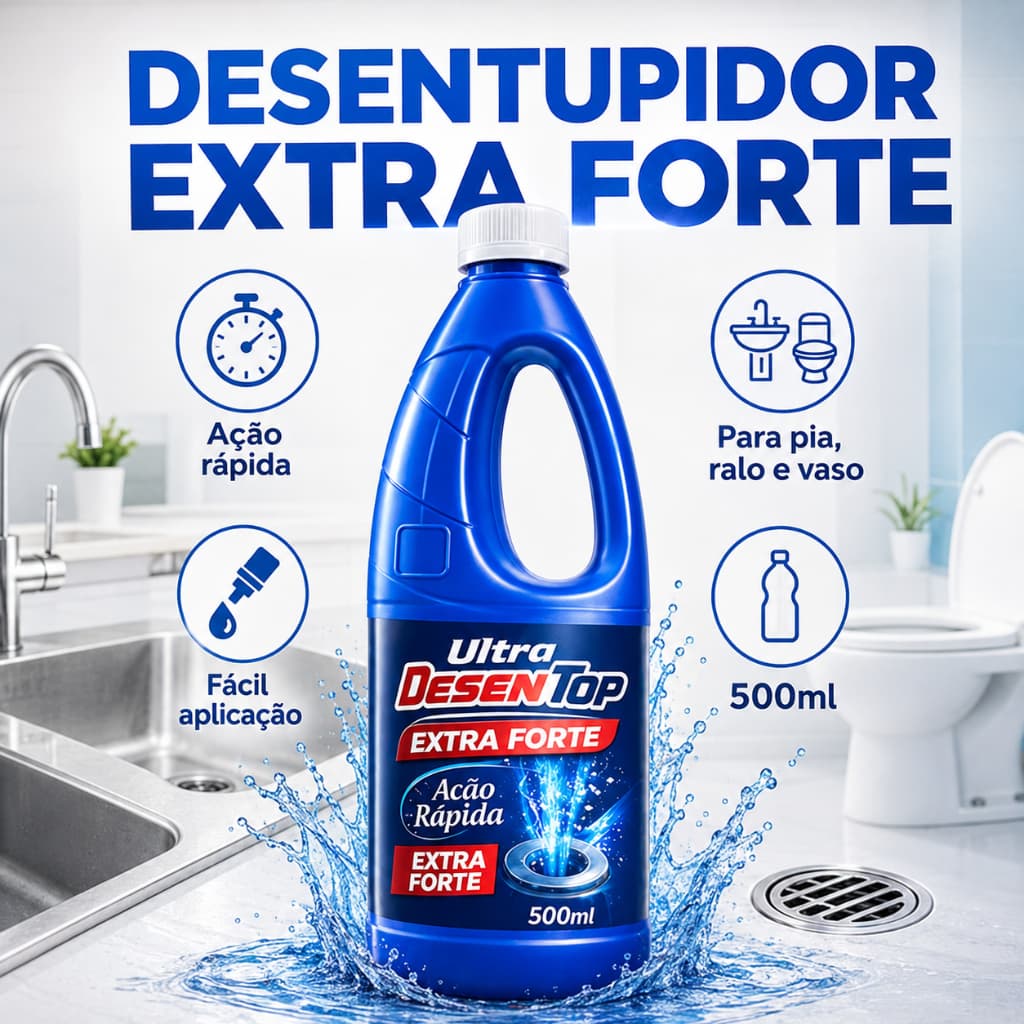Desentupidor Encanamento 500ml DesenTop Remove Gordura Pia Ralo Vaso Sanitario