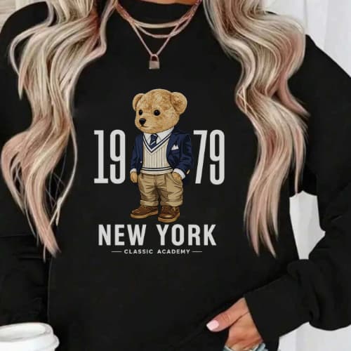 Blusa de Frio Moletom Algodão Feminino Gola Redonda Bear Blusão Tendência Moda Casaco Urso Blogueira