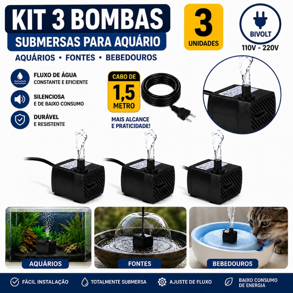 kit 3 bombas submersa BIGOOFISH para aquário/ fonte de água e bebedouro- bivolt-3w- 180l/h