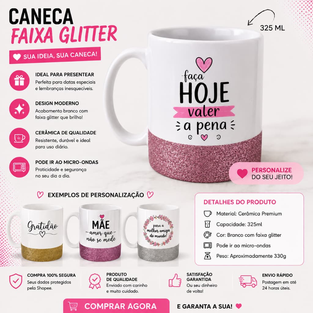 Caneca Personalizada Base Glitter Dourado - Foto + Nome - Presente Criativo - Envio Rápido