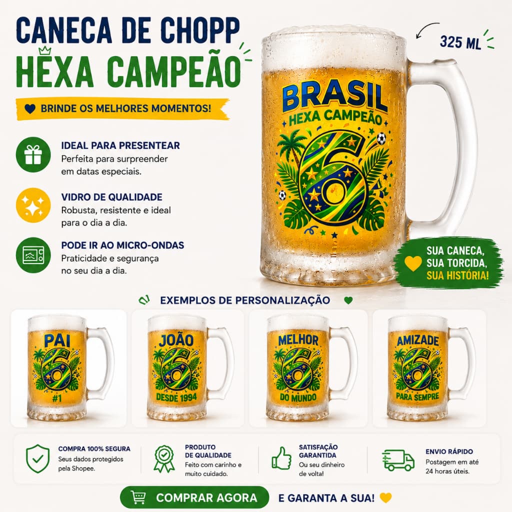 Caneca Chopp Vidro Jateado 475ml - Arte Copa do Mundo - Presente Churrasco Gelada