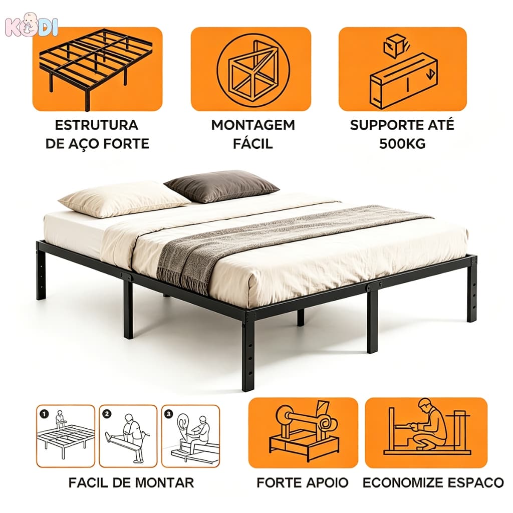 Base de Cama Casal de Metal Durável | Montagem Simples e Alta Resistência para Colchão Suporta Até 1350kg -O17