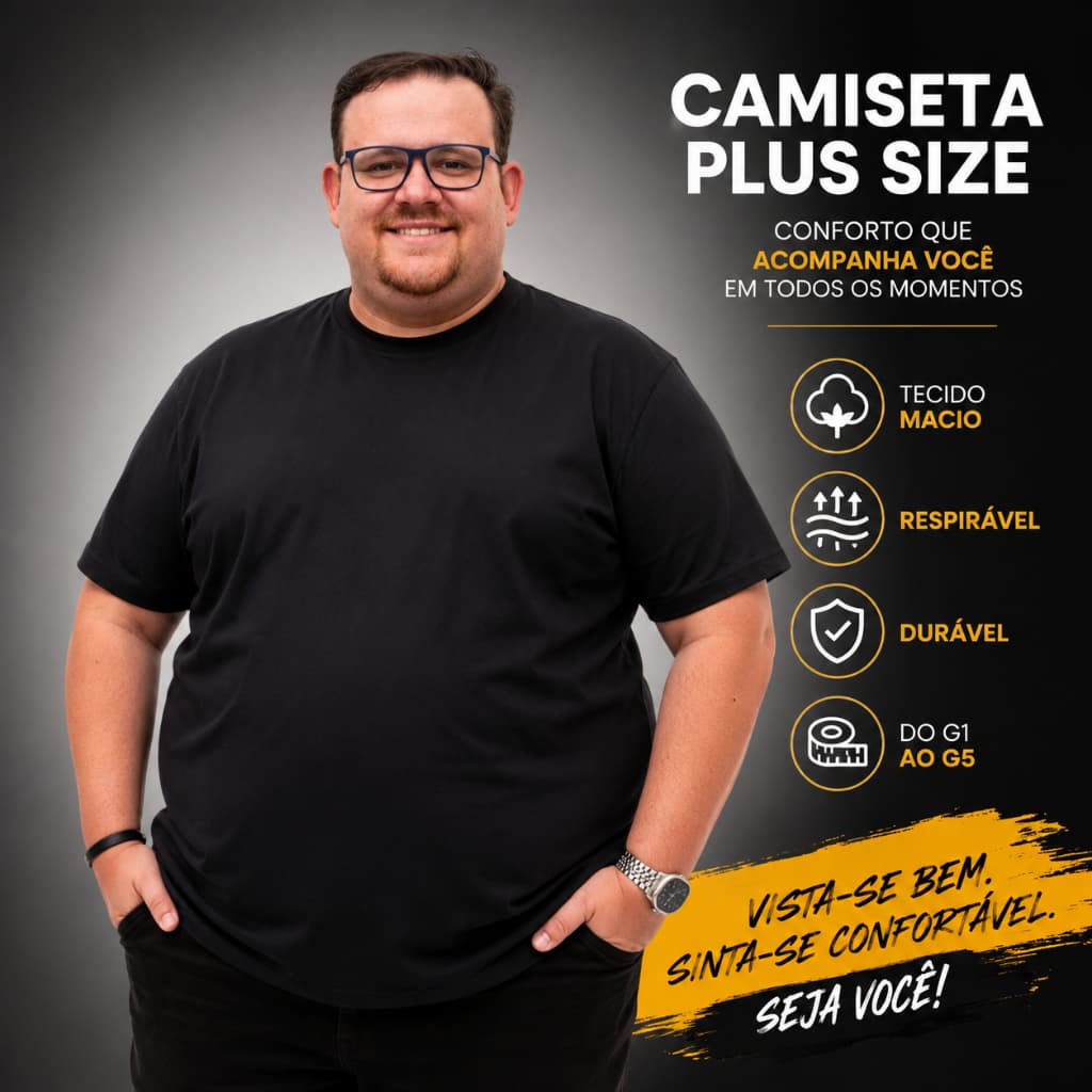 Camiseta Masculina Plus Size 100% Algodão Básica G1 ao G5 Lisa Gola Redonda Manga Curta Macia