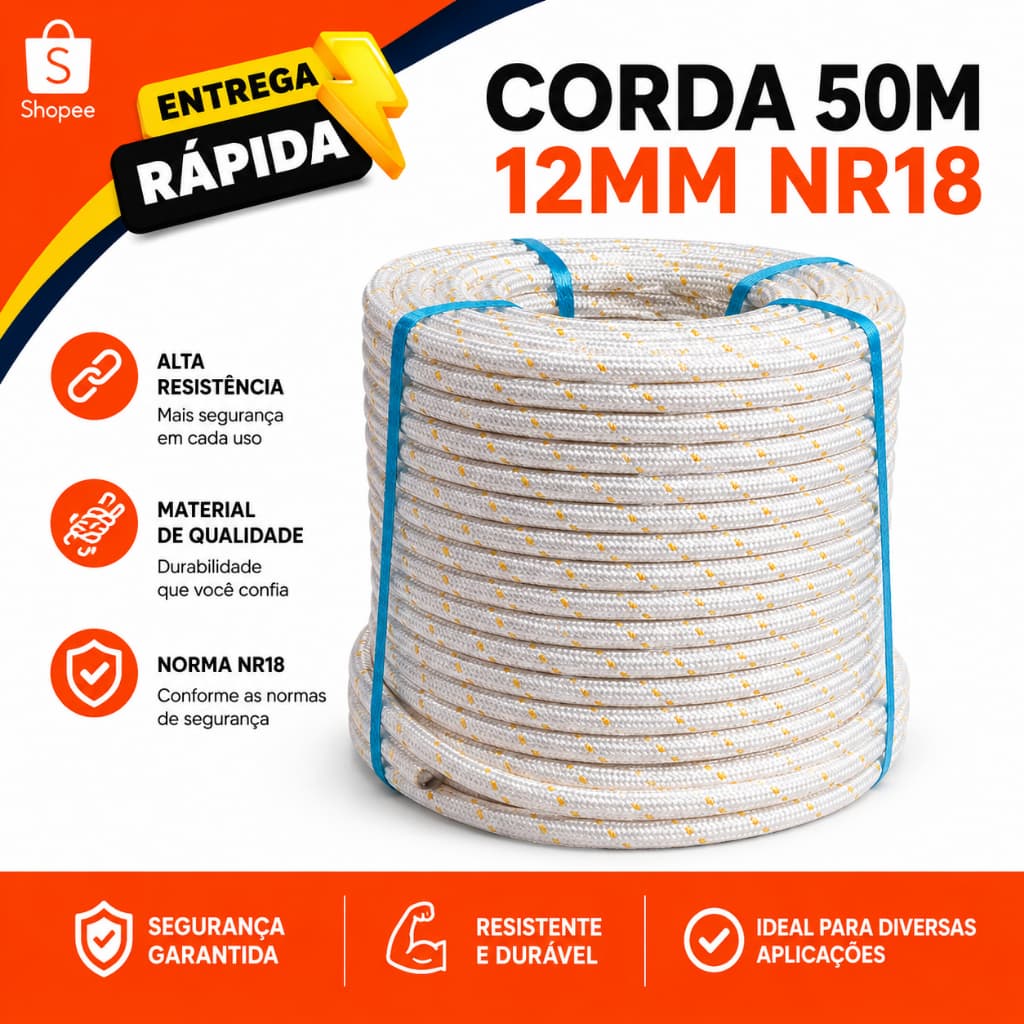 Corda 50m 12mm Trançada Alta Resistência Multiuso Náutica Pesca Construção Camping