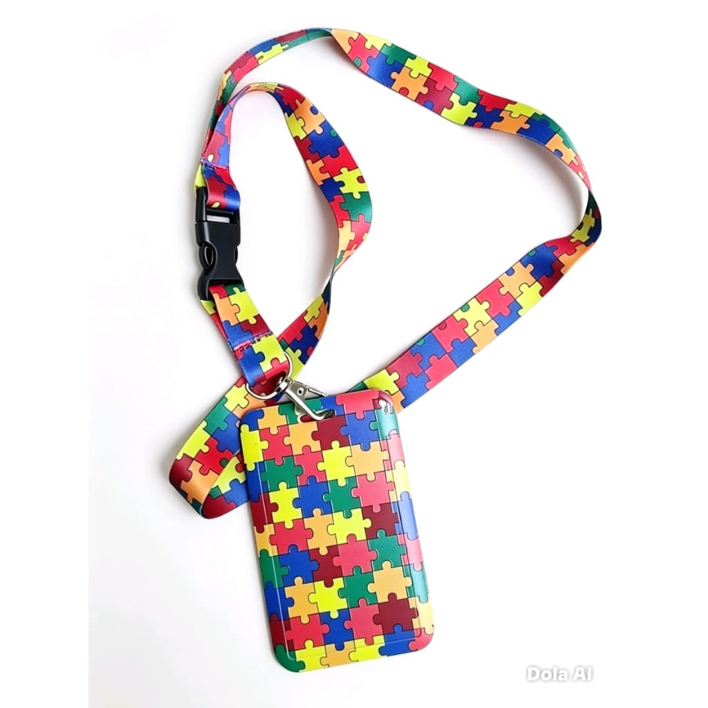 Cordão Autismo com Porta Crachá Quebra-Cabeça | Identificação Autista Personalizada | Ideal para Escola e uso diário""*