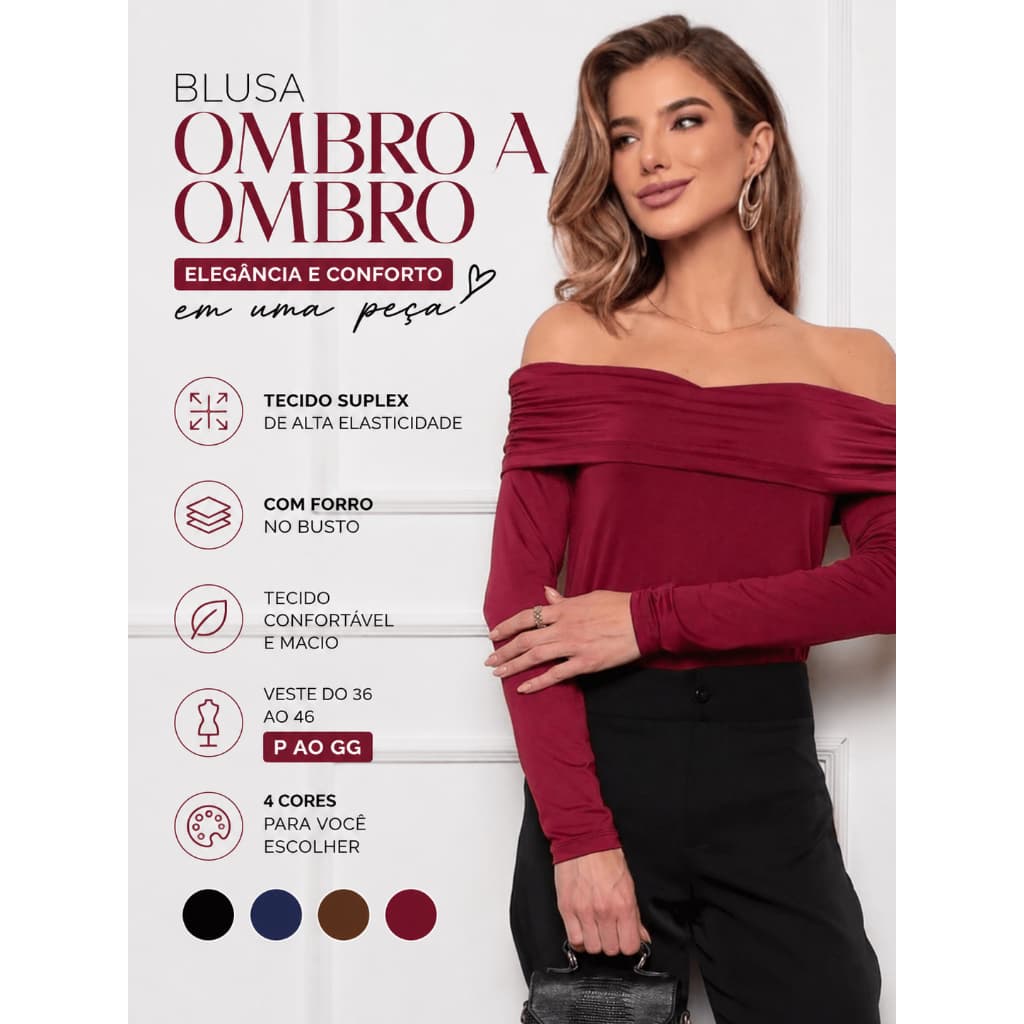 Blusa Ombro a Ombro Feminina Manga Longa Suplex com Forro