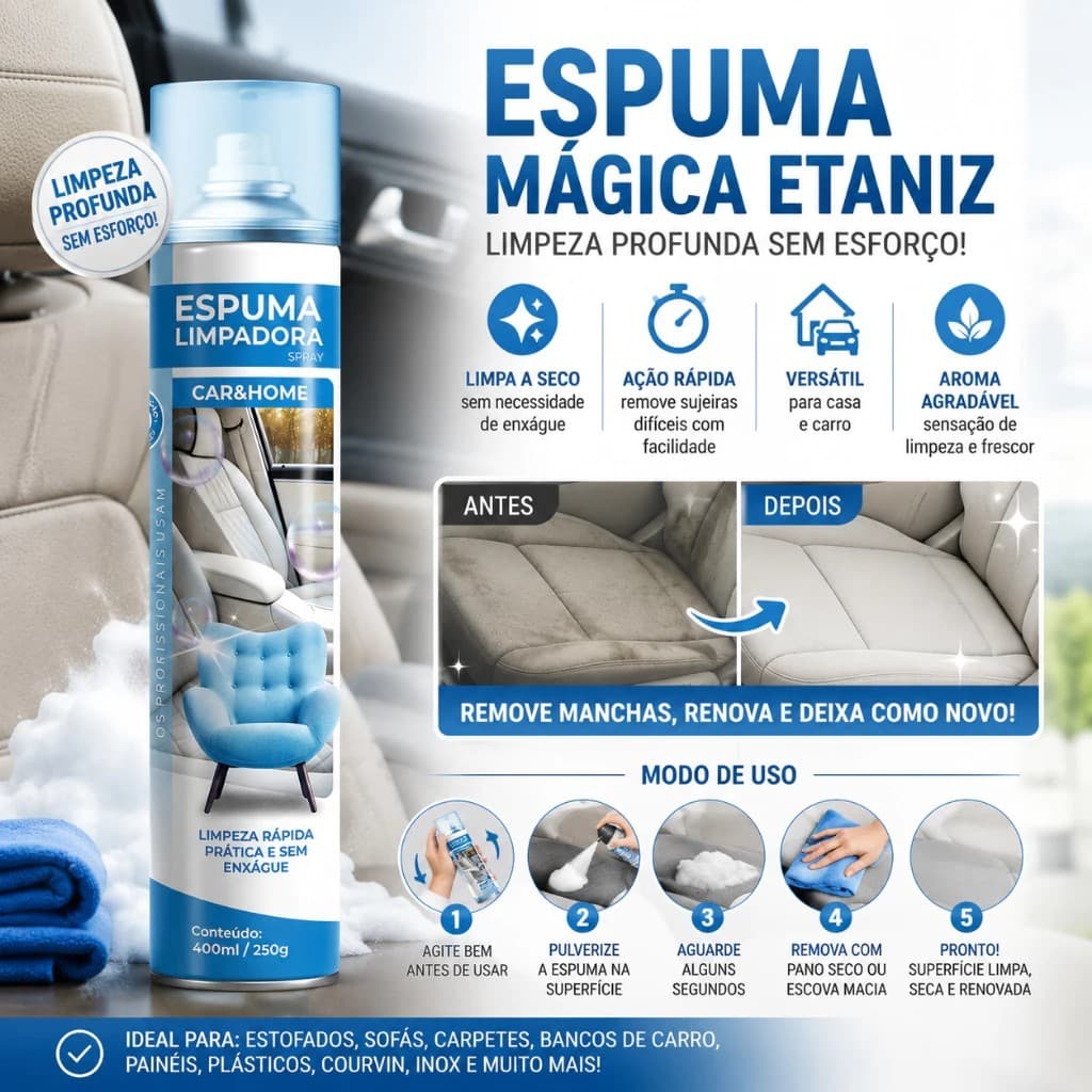 Espuma Limpadora Spray Etaniz 400ml – Limpeza a Seco para Carro, Sofá, Estofado e Tênis