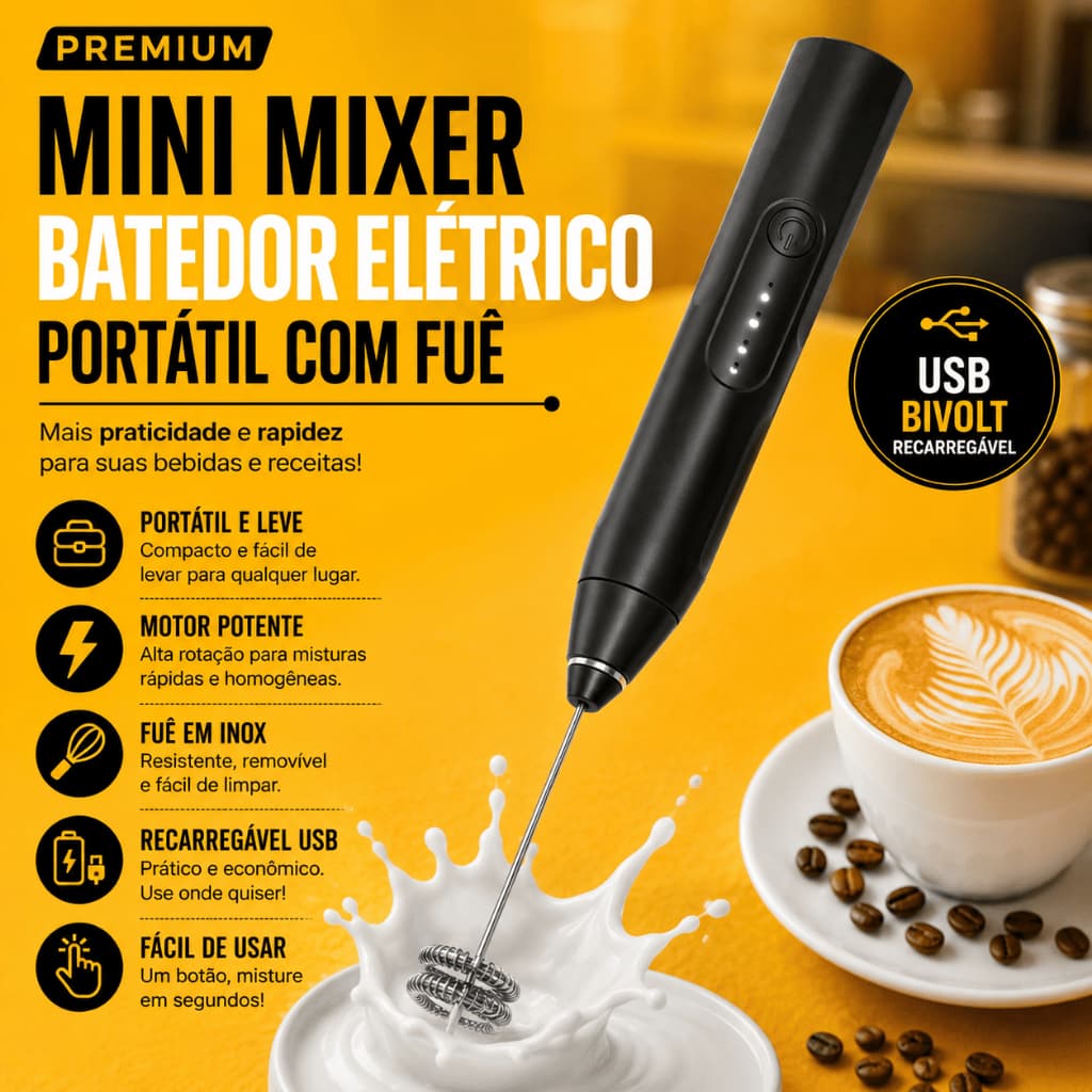 Mini Batedor Misturador Mixer Elétrico Portátil Premiun para Bebidas Leite Café Clara de Ovo 2 em 1