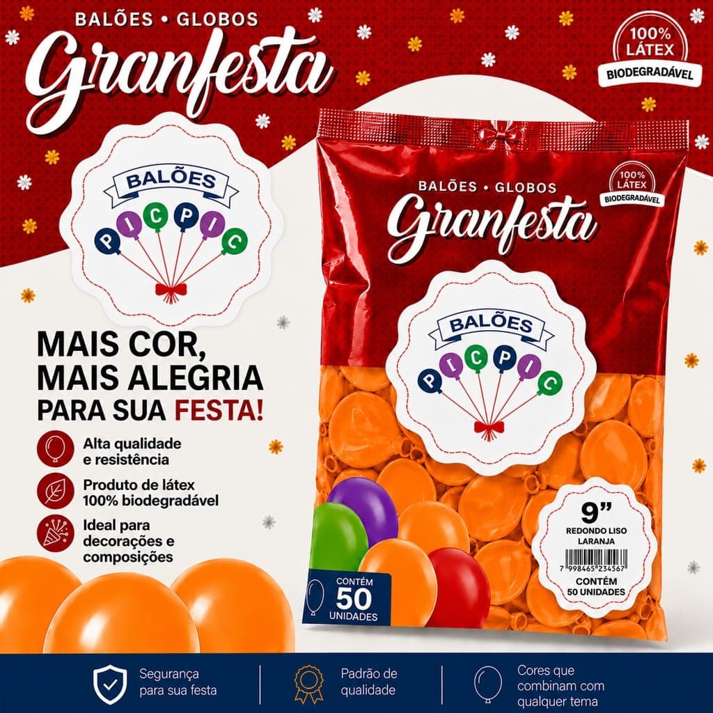 BALÃO LARANJA 9´´ POLEGADAS PIC PIC - BEXIGA DE LÁTEX IDEAL PARA SEU EVENTO