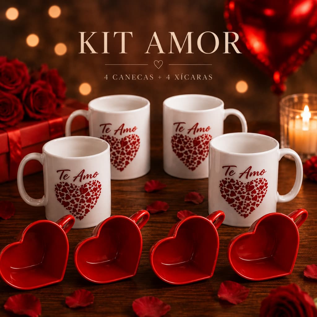 Kit Amor 8 Peças 4 Canecas + 4 Xícaras Coração Presente Romântico Dia dos Namorados