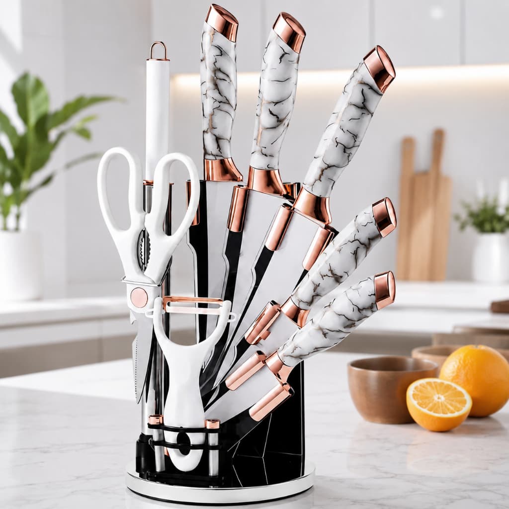 Kit Jogo De Facas De Cozinha Marmorizado Rose Gold 9 Peças Inox Antiaderente Profissional Luxo Completo