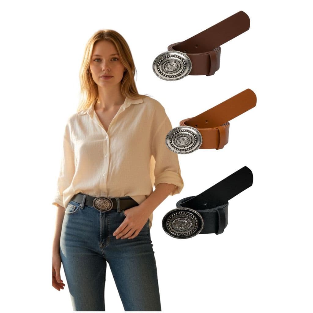 Cinto Feminino  Elegante Couro Sintético  Fivela De Metal Trabalhada Tendencia Country -Carme