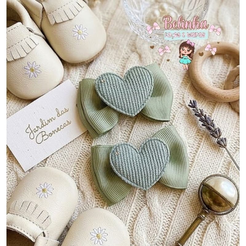 Par Laço Verde Coração Luxo Infantil Bebê Boutique Presilha Antideslizante Menina Chic