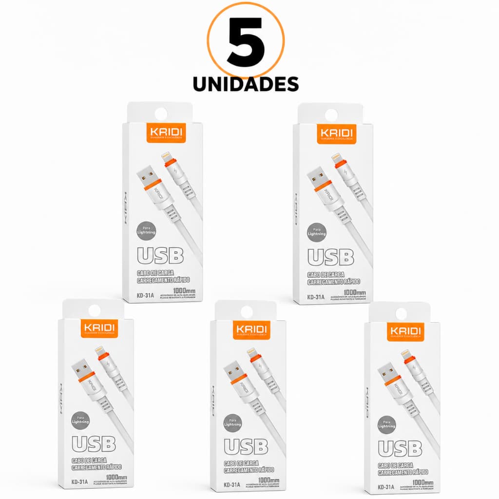 kit 5 Cabo carregador kaidi, Carregamento Rápido micro USB/ IPhone/ Tipo C