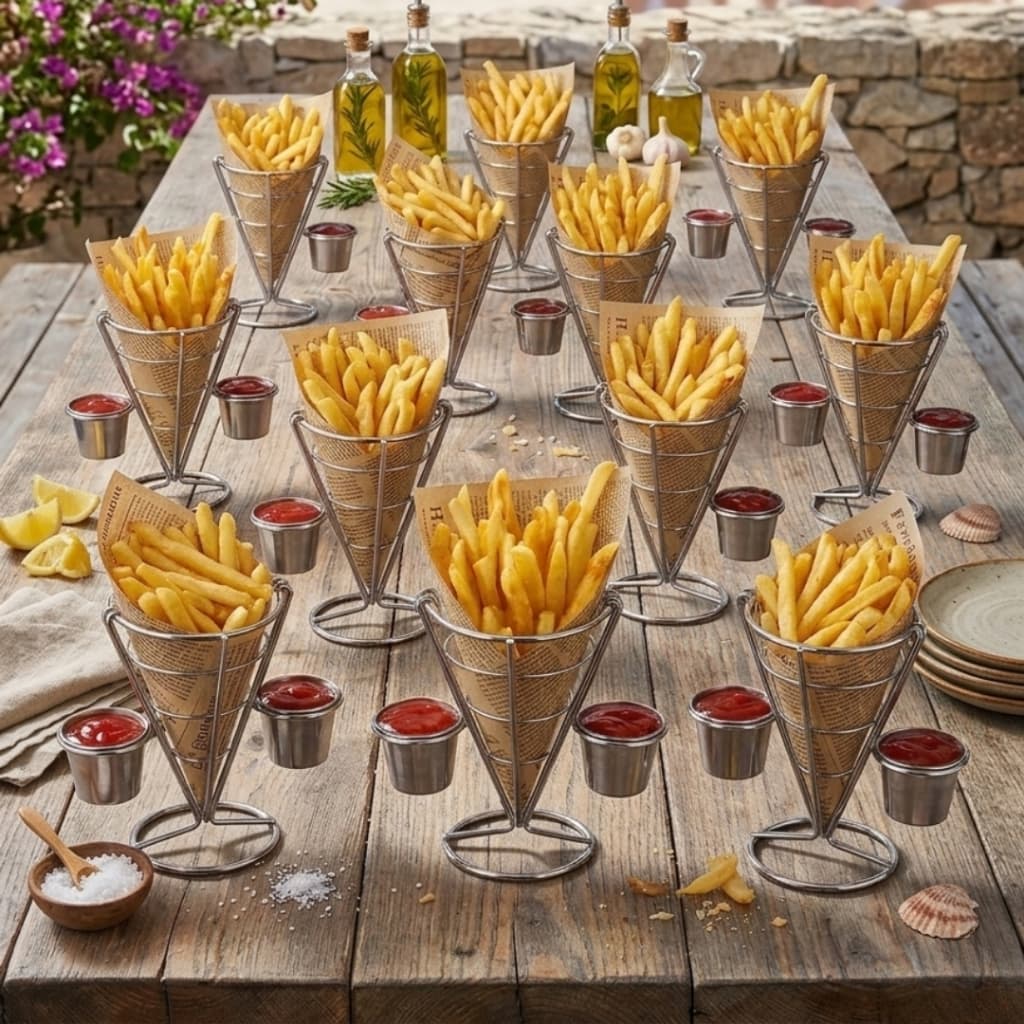 Mini Cestas Para Servir Com Suporte Porções De Batatas Fritas Petiscos Onion Ring Salgados Gourmet