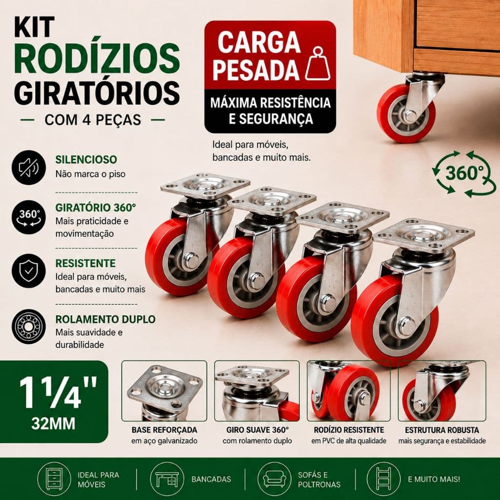 Kit 4 ou 8 ou 12 Rodinhas Giratórias para Carga Pesada 32 mm 1/4 Rodizio Reforçada Móveis Estantes