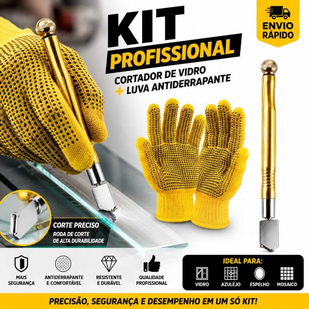 Kit Cortador de Vidro Profissional + Luva Antiderrapante Corte Preciso
